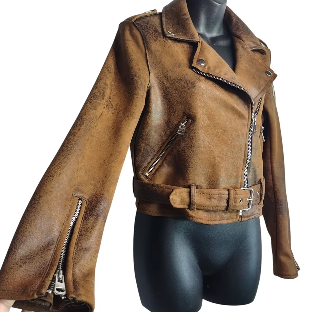 Bershka Women's Size Medium Brown Faux Suede /Leather Cropped Jacket ZIP Up Belt - Picture 5 of 8